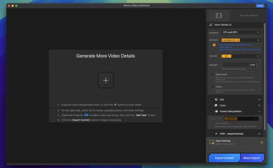 لقطة شاشة لتطبيق Aiarty Video Enhancer 3.7 – الجيل التالي من مُحسِّن الفيديو بالذكاء الاصطناعي لسطح المكتب