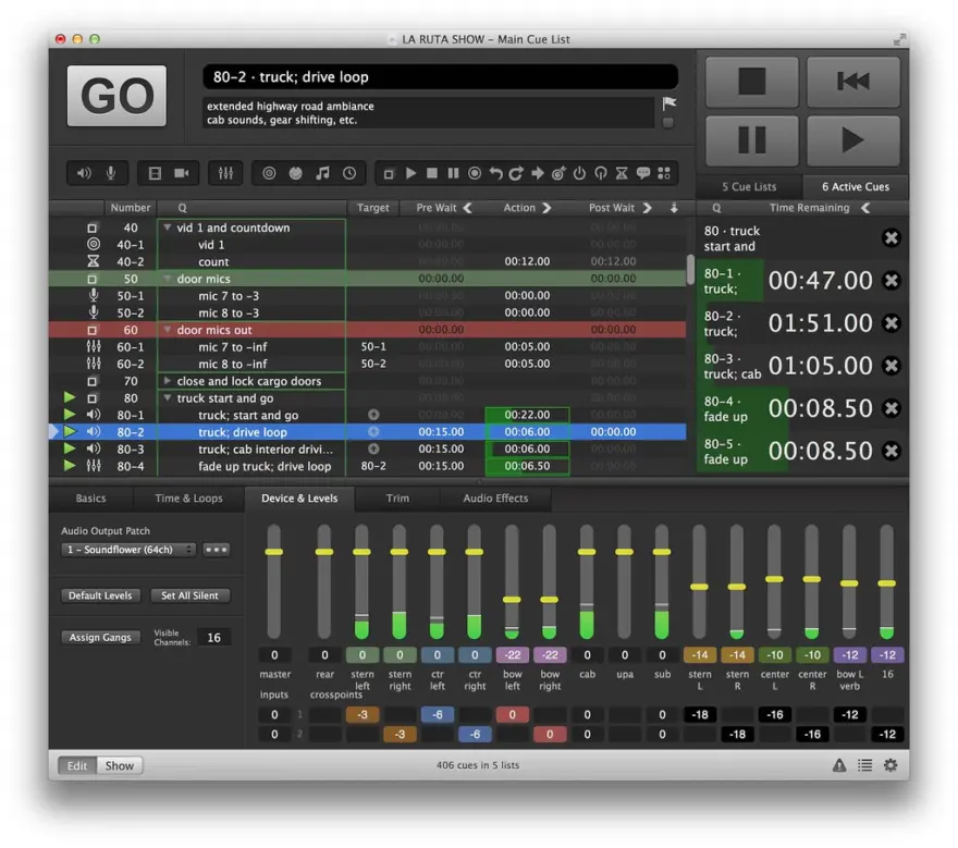 لقطة شاشة لتطبيق QLab 5.6.3 – إنشاء تسلسلات الوسائط للعروض الحية