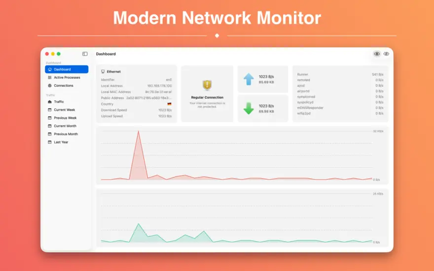 لقطة شاشة لتطبيق NetWorker Pro 11.1.0 – Show network speed and traffic in your menu bar