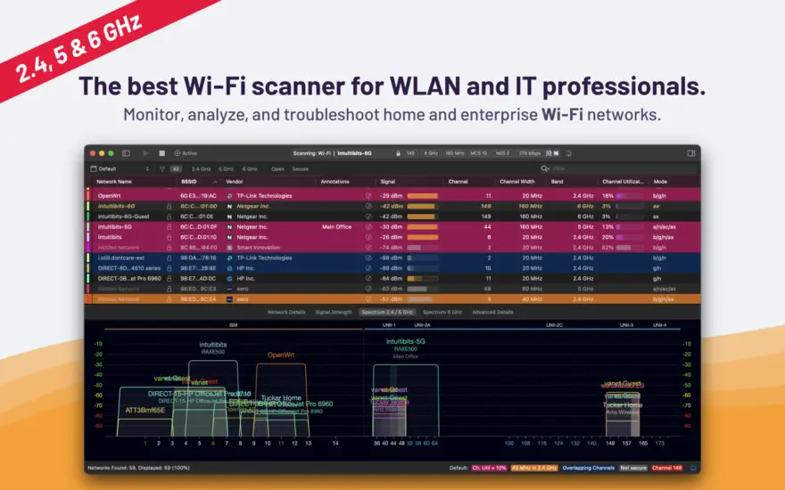 لقطة شاشة لتطبيق WiFi Explorer Pro 3.10.2 – أداة احترافية لتشخيص شبكة Wi-Fi