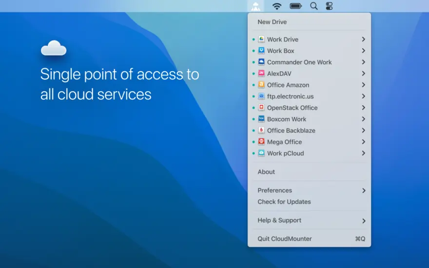 لقطة شاشة لتطبيق CloudMounter 4.18 – أداة مساعدة للنظام تقوم بتثبيت خوادم الويب كأقراص محلية