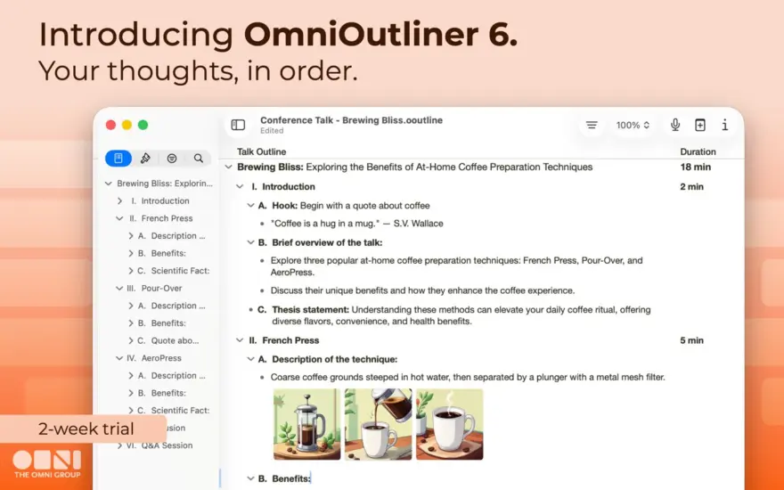 لقطة شاشة لتطبيق OmniOutliner 6.2 – النسخة الاحترافية من الخطوط العريضة الشهيرة