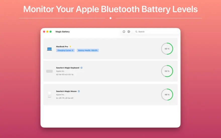لقطة شاشة لتطبيق Magic Battery 9.5.4 – يعرض حالة البطارية لأجهزة إدخال Apple