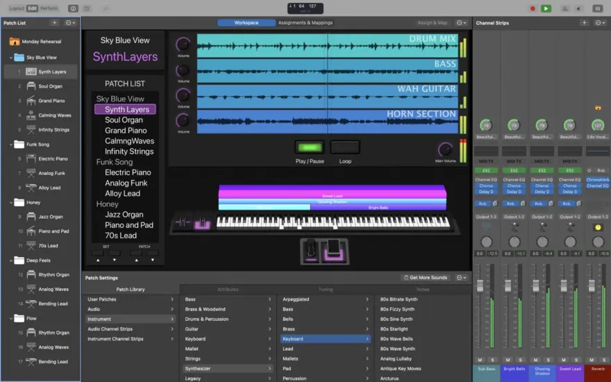 لقطة شاشة لتطبيق MainStage 4.3 – أداة الأداء الحي للموسيقيين