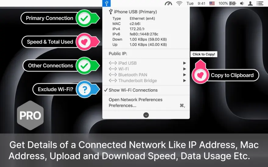 لقطة شاشة لتطبيق Ethernet Status 6.0 – تشير أيقونة شريط القائمة إلى حالة الاتصال