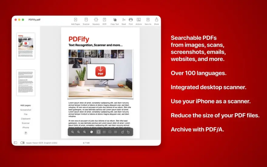 لقطة شاشة لتطبيق PDFify 5.2 – التعرف على النص وأدوات PDF