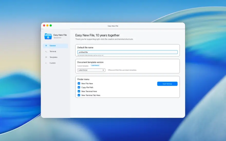لقطة شاشة لتطبيق Easy New File 6.2 – يضيف وظائف إلى القائمة السياقية لـ Finder