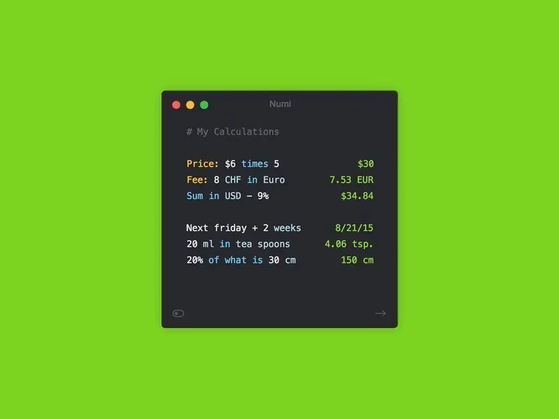 لقطة شاشة لتطبيق Numi 3.34 – حاسبة شريط القائمة تدعم إدخال النص