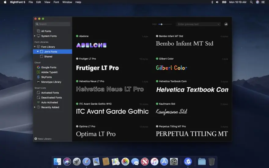 لقطة شاشة لتطبيق RightFont 10.1 – إدارة الخطوط والعثور عليها بسرعة؛ يتكامل مع Photoshop وSketch