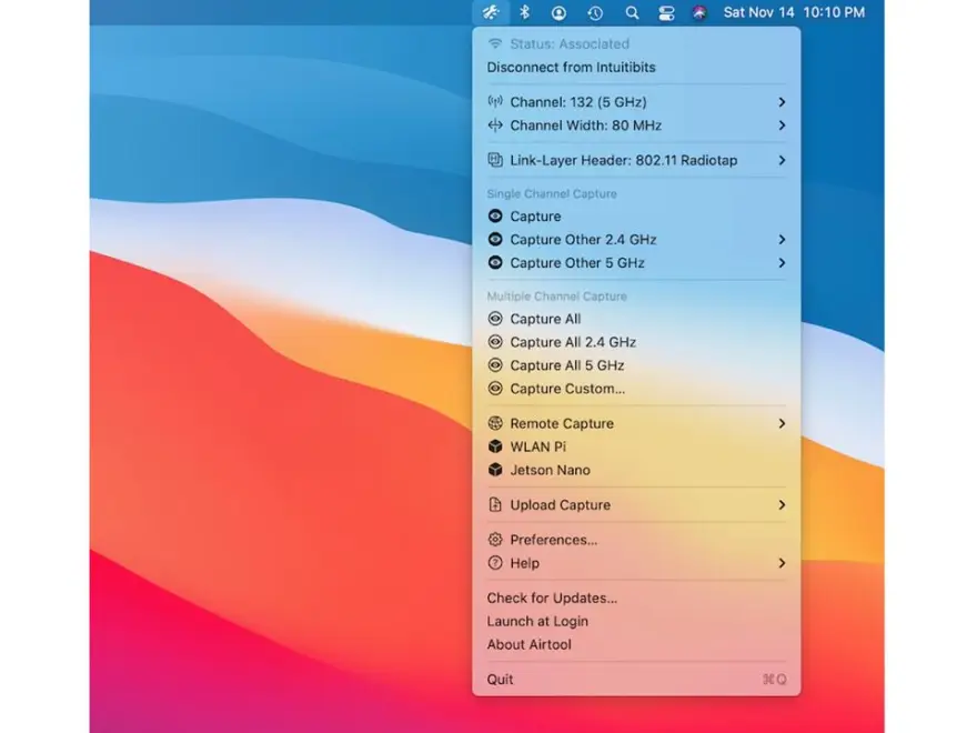 لقطة شاشة لتطبيق Airtool 2.7.6 – تحقق من تكوين الحالة والقناة لشبكة Wi-Fi المدمجة
