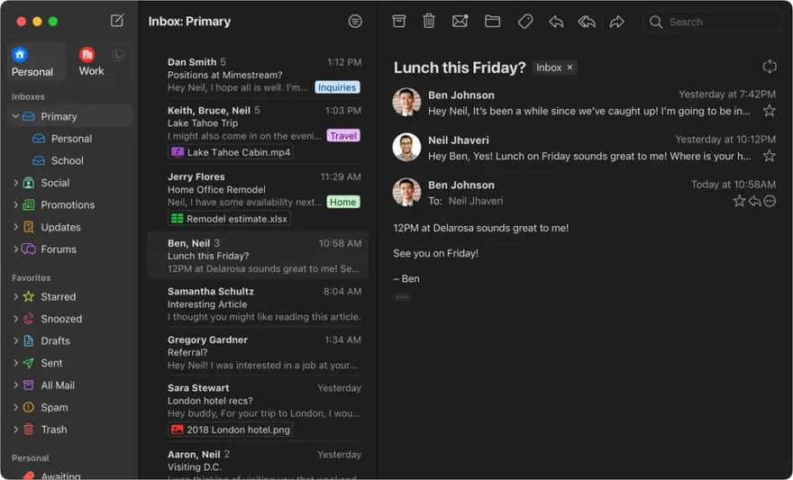لقطة شاشة لتطبيق Mimestream 1.10.4 – عميل بريد إلكتروني أصلي لنظام التشغيل MacOS لـ Gmail