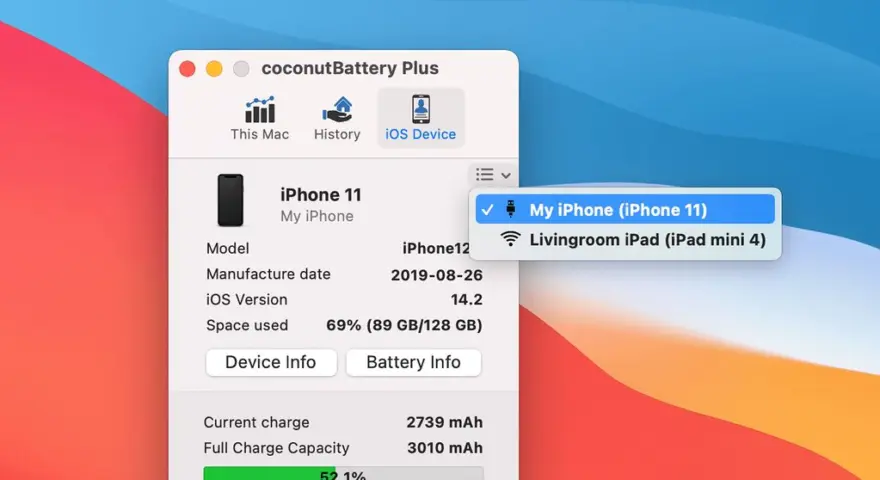 لقطة شاشة لتطبيق coconutBattery 4.3.3 – يعرض معلومات حول بطارية الكمبيوتر المحمول الخاص بك
