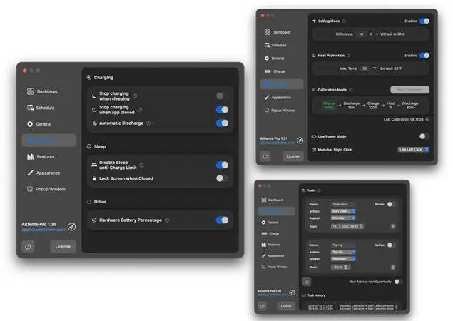 لقطة شاشة لتطبيق AlDente Pro 1.38 – أداة شريط القوائم لتعيين حدود الشحن وإطالة عمر البطارية