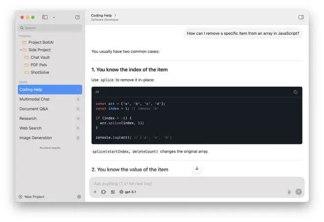 لقطة شاشة لتطبيق BoltAI 2.14.0 – أفضل عميل AI لنظام التشغيل Mac