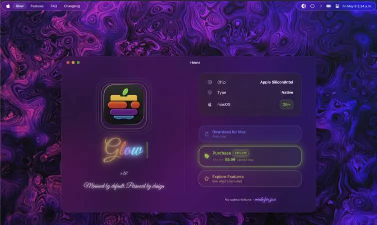 لقطة شاشة لتطبيق Glow 2.0.3 – منظم شريط القوائم مصقول