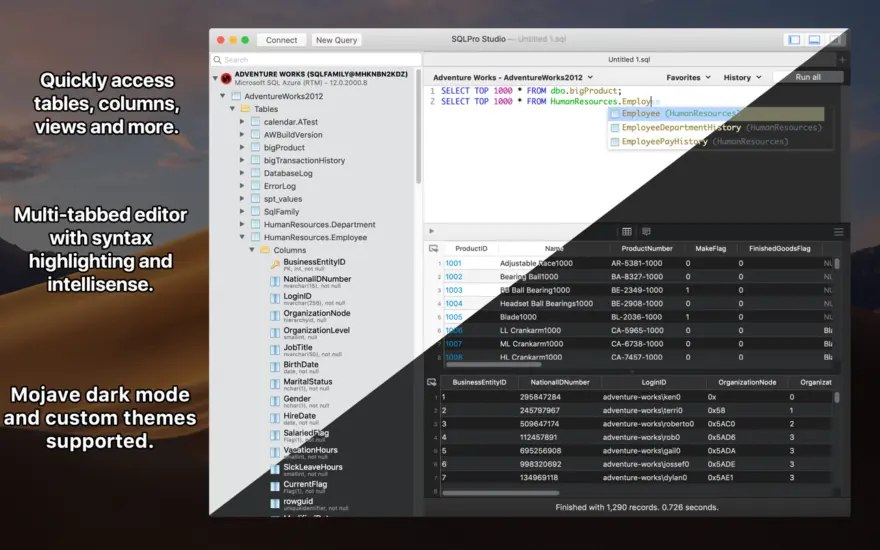 لقطة شاشة لتطبيق SQLPro Studio 2026.238 – Database UI for SQL Server, Postgres, Oracle and MySQL