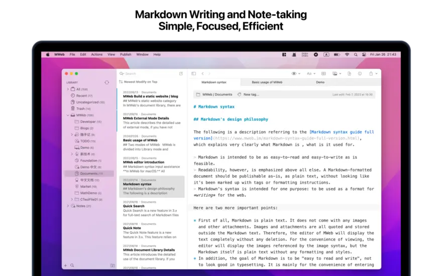 لقطة شاشة لتطبيق MWeb 4.8.2 – كتابة تخفيضات احترافية، وتدوين الملاحظات، وإنشاء مدونات ثابتة