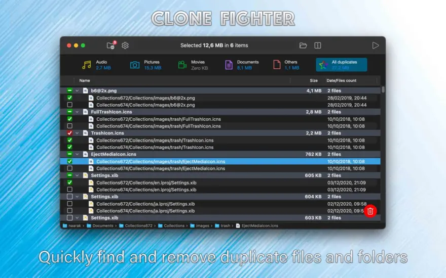 لقطة شاشة لتطبيق Clone Fighter 2.6 – البحث عن الملفات المكررة