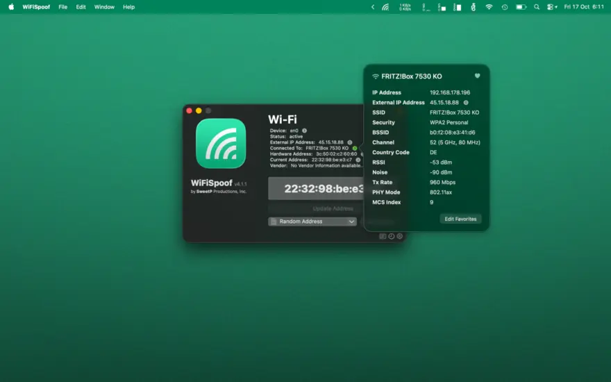 لقطة شاشة لتطبيق WiFiSpoof 4.2 – Change your WiFi MAC address
