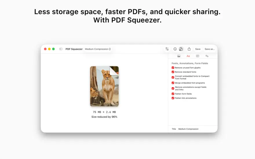 لقطة شاشة لتطبيق PDF Squeezer 4.7.6 – أداة ضغط PDF سهلة الاستخدام