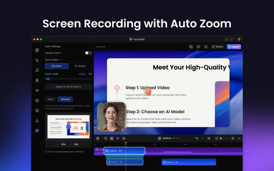 لقطة شاشة لتطبيق FocuSee 1.6.0 – أداة تسجيل الشاشة مع التكبير التلقائي والميزات المخصصة وتحرير الذكاء الاصطناعي