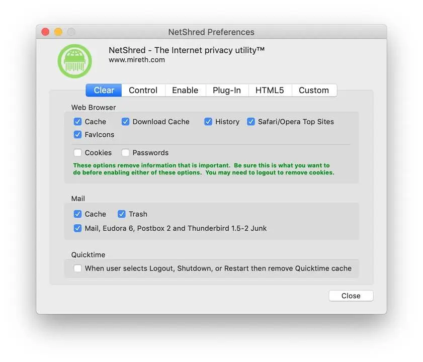 لقطة شاشة لتطبيق NetShred X 6.1.0 – امسح بيانات المتصفح الخاص بك – ذاكرة التخزين المؤقت وملفات تعريف الارتباط والسجل والمزيد