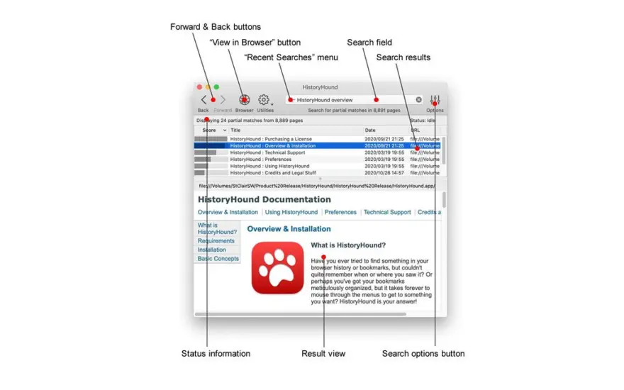 لقطة شاشة لتطبيق HistoryHound 2.3.7 – قم بإجراء بحث نصي سريع لجميع مواقع الويب التي تمت زيارتها مؤخرًا