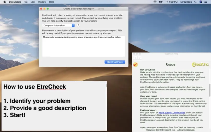 لقطة شاشة لتطبيق EtreCheck Pro 6.8.14 – لاستكشاف أخطاء جهاز Mac الخاص بك وإصلاحها؛ يعرض تفاصيل النظام الهامة