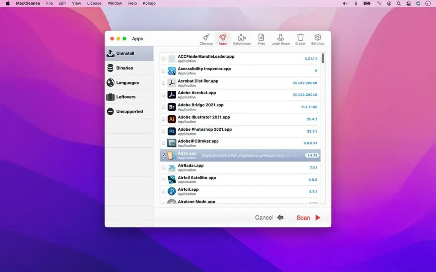 لقطة شاشة لتطبيق MacCleanse 15.0.1 – Selectively erase logs, caches, activity, and more