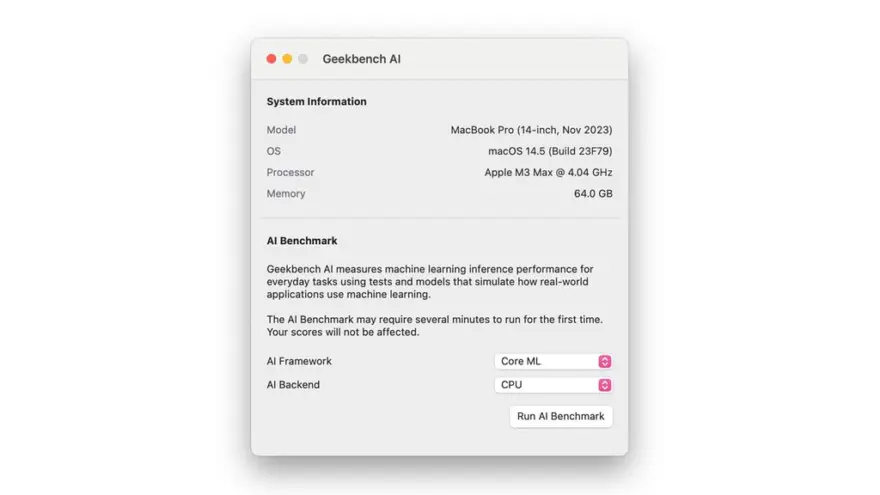 لقطة شاشة لتطبيق Geekbench AI 1.7.0 – Cross-Platform AI Benchmark