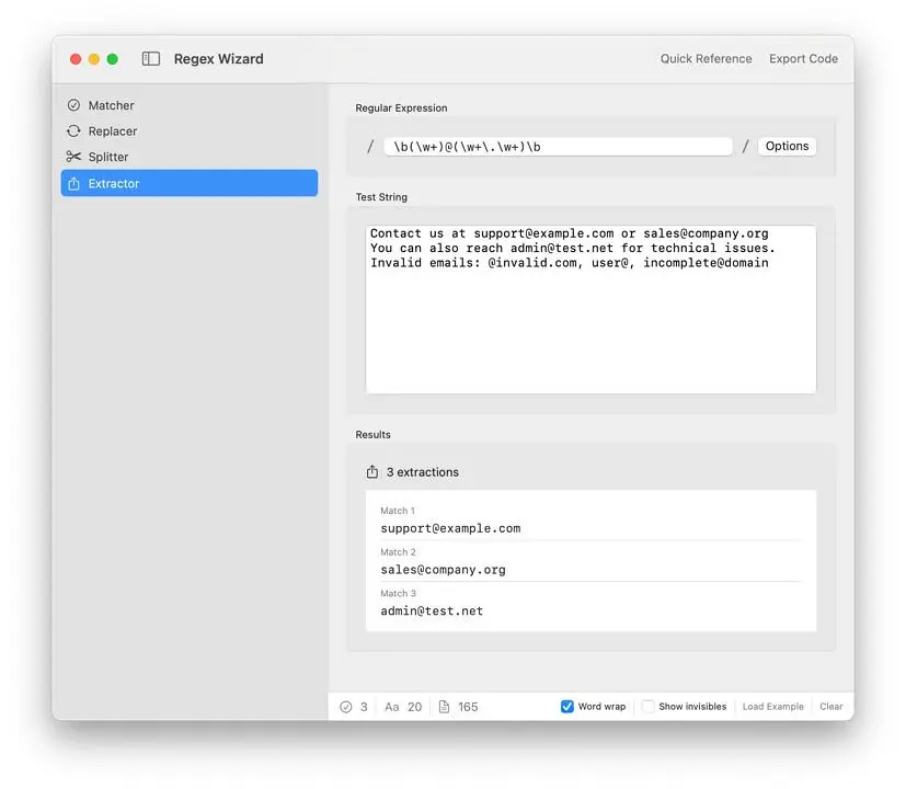لقطة شاشة لتطبيق RegEx Wizard 2.1.5 – Regular expressions. Made simple.