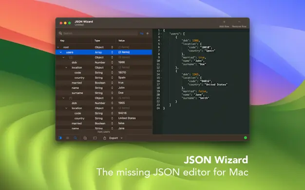 لقطة شاشة لتطبيق JSON Wizard 2.6.3 – View, edit, and export your JSON
