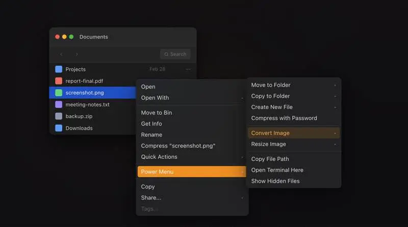 لقطة شاشة لتطبيق Power Menu 1.22 – Enhancing Finder extension for Mac