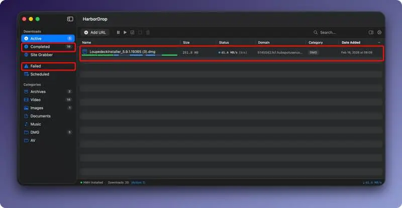 لقطة شاشة لتطبيق HarborDrop 1.1.8 – IDM لنظام التشغيل Mac – مدير التنزيل الذكي