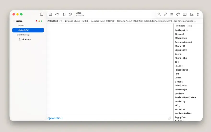 لقطة شاشة لتطبيق bIRC 1.2.6 – A native IRC client for macOS
