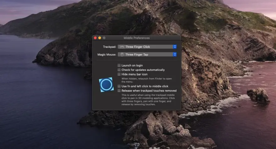 لقطة شاشة لتطبيق Middle 1.14 – Adds the middle click to your trackpad or Magic Mouse