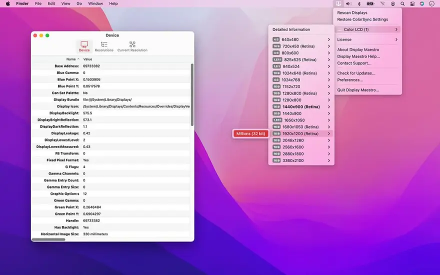 لقطة شاشة لتطبيق Display Maestro 5.3 – Optimize resolution and bit depth for attached displays
