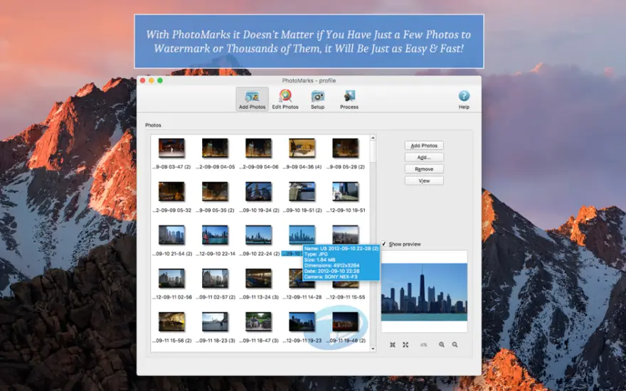 لقطة شاشة لتطبيق PhotoMarks 4.1 – Add visual watermarks to images in batch mode